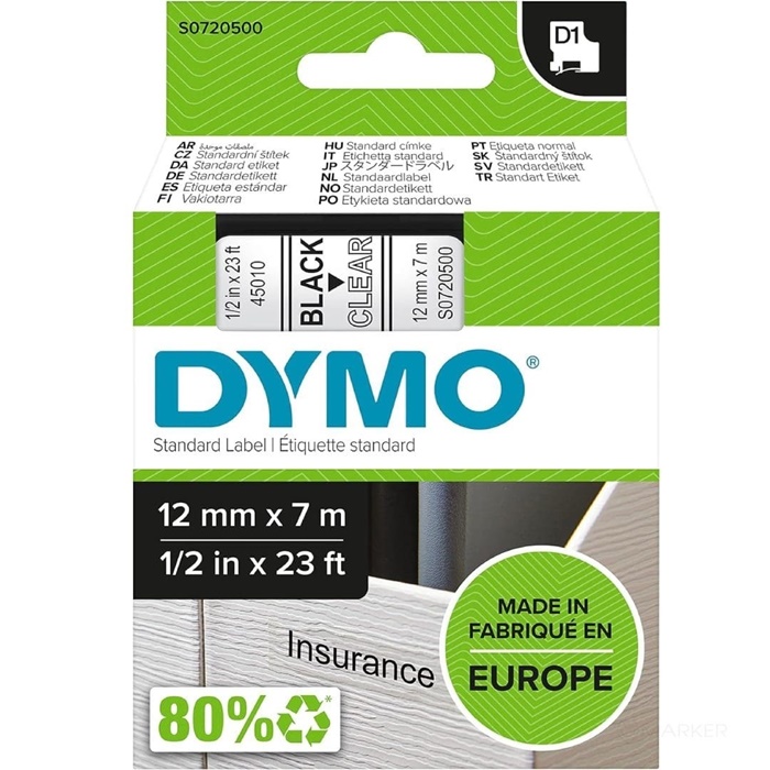 TRAK DYMO S0720500 D1 45010 12x7 ČRNA NA PROZORNEM