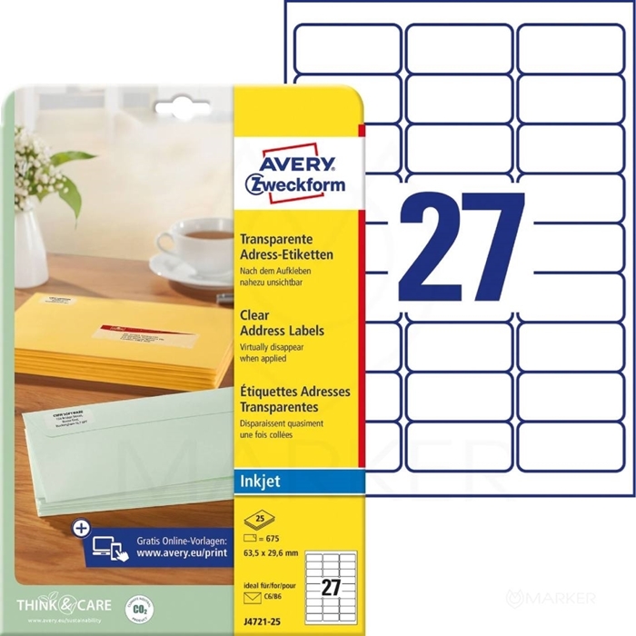 ETIKETE AVERY ZWECKFORM J4721-25 POLIESTER, ZA PISMA 63,5x,29,6 PROSOJNE 675/1