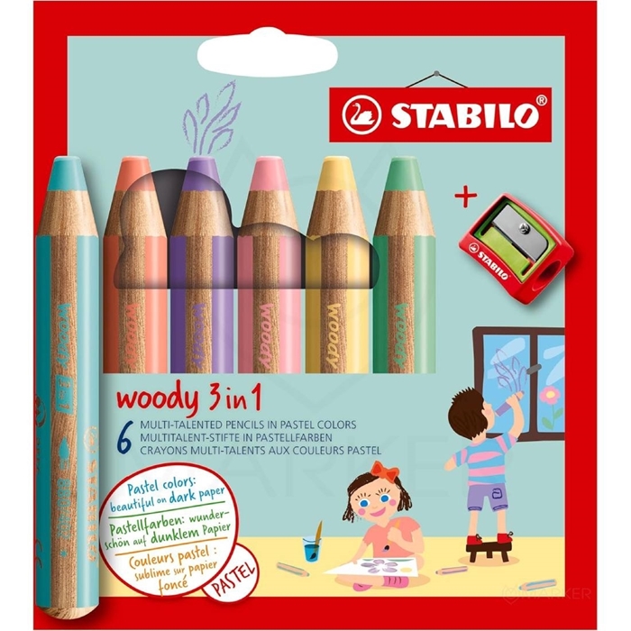BARVICE STABILO WOODY 880 SET 6 PASTELNIH BARV 3v1 + ŠILČEK