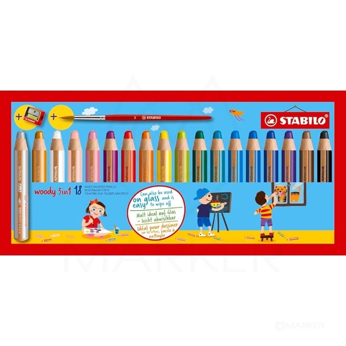 BARVICE STABILO WOODY 880 SET 18 BARV 3v1 + ŠILČEK IN ČOPIČ