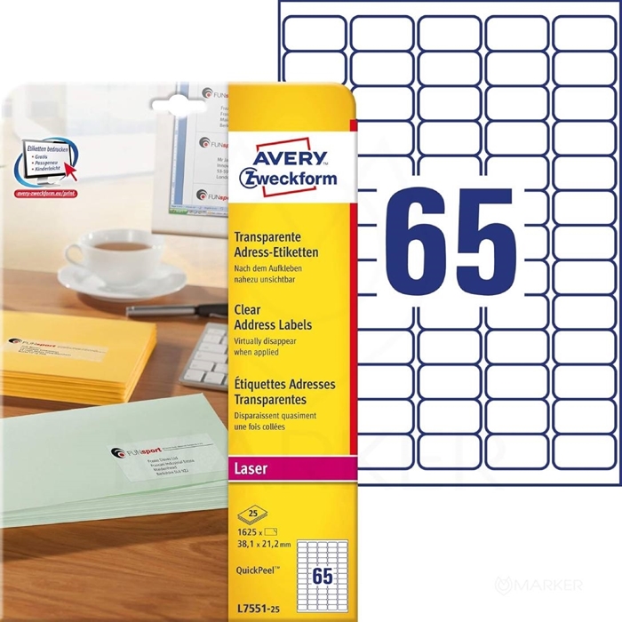 NALEPKE AVERY ZWECKFORM L7551-25 POLIESTER 38,1 X 21,2 ZA PISMA PROSOJNE 1625/1
