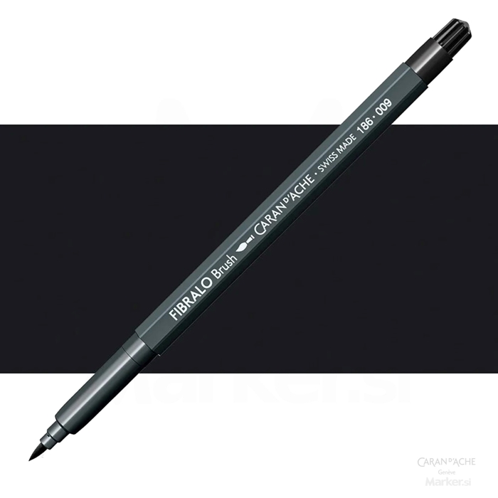 ČRN VODOTOPEN FLOMASTER CARAN D'ACHE FIBRALO BRUSH 009 BLACK Z VLAKNI IN KONICO ČOPIČA